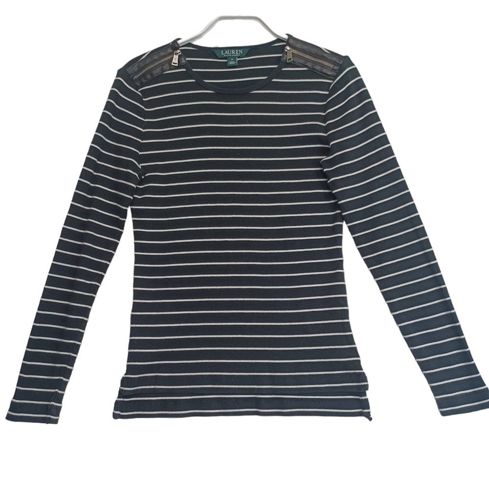 Ralph Lauren Tee Shirt LRL Black White Stripe Long Sleeve Zipper Detail Size Med